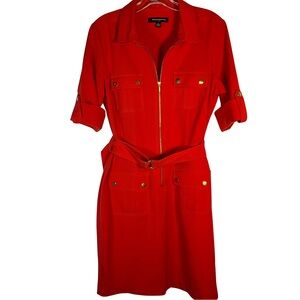 Sharagano Vibrant Red Dress Zipped Front Pockets Belt roll Sleeves